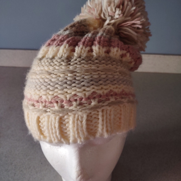 Inc International Concepts Colorblock Mega-Pom Beanie Ivory/Tan/Pink One Size - Picture 6 of 9